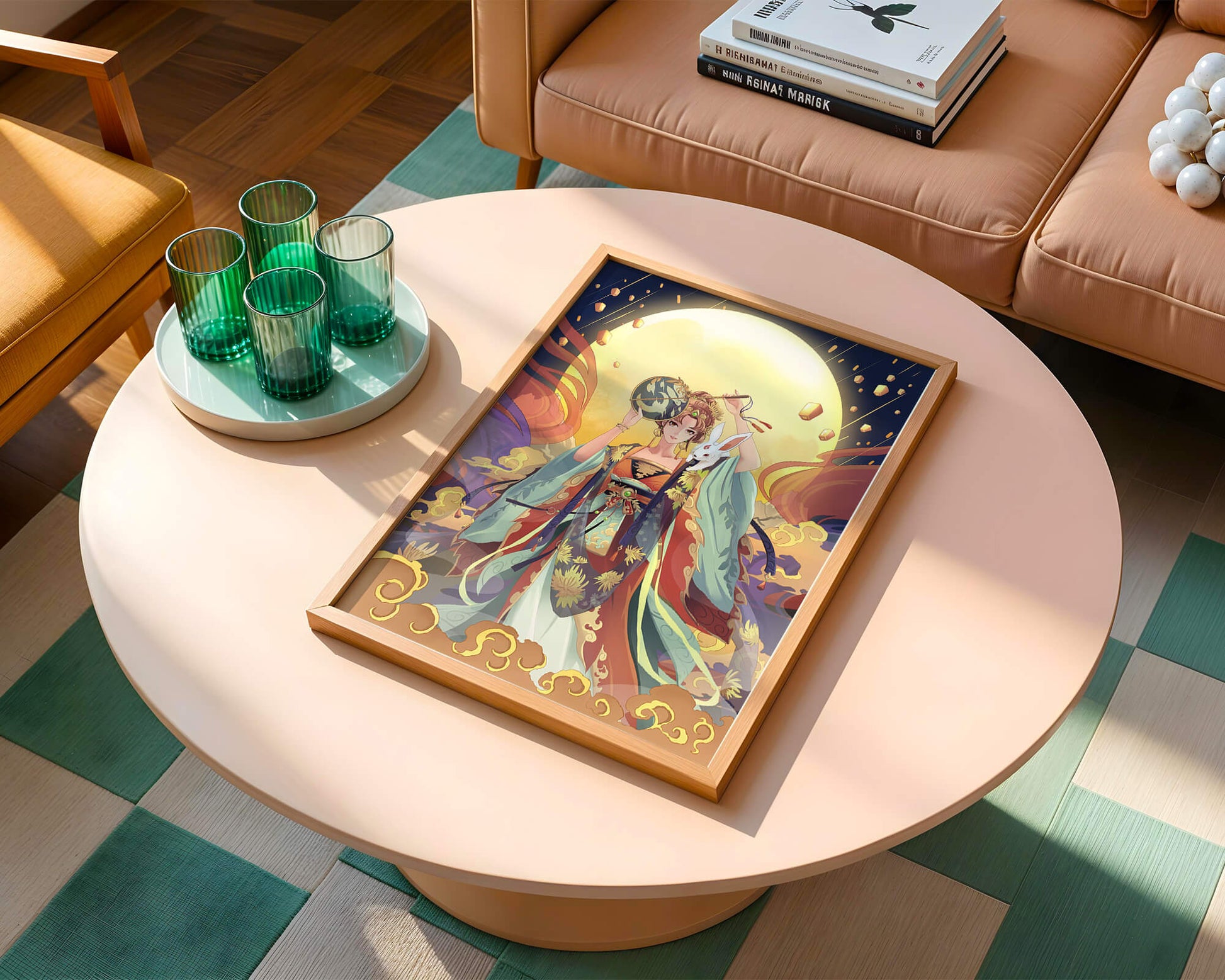 Elegant fantasy illustration with celestial elements and rabbit