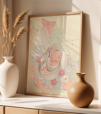 Sweet sleeping baby surrounded by soft pastel decorations