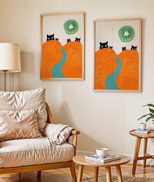 Playful Cats and Smiling Kiwi in Vibrant Hills