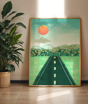 Serene Landscape with Road Leading to Sunset and Lush Greenery