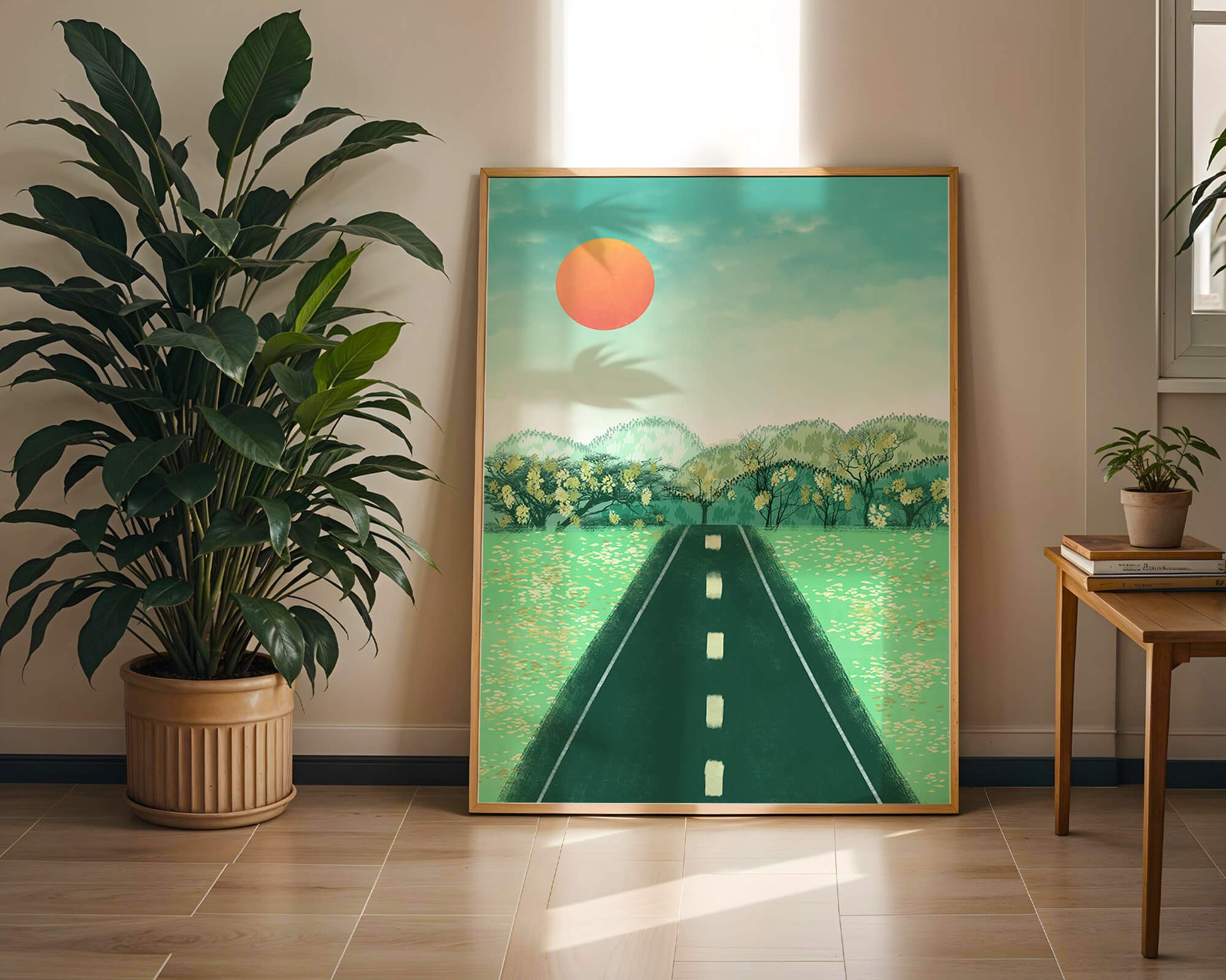 Serene Landscape with Road Leading to Sunset and Lush Greenery