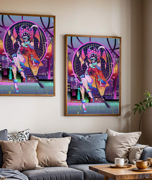 Personaje futurista con atuendo tradicional asiático y telón de fondo de ciudad neón