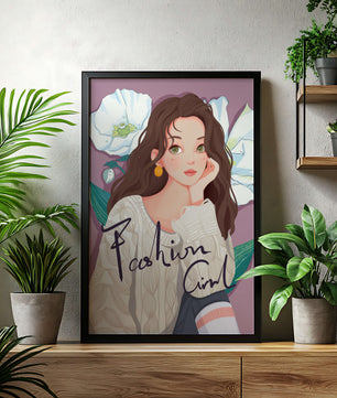Illustrated fashion girl with floral background and purple theme