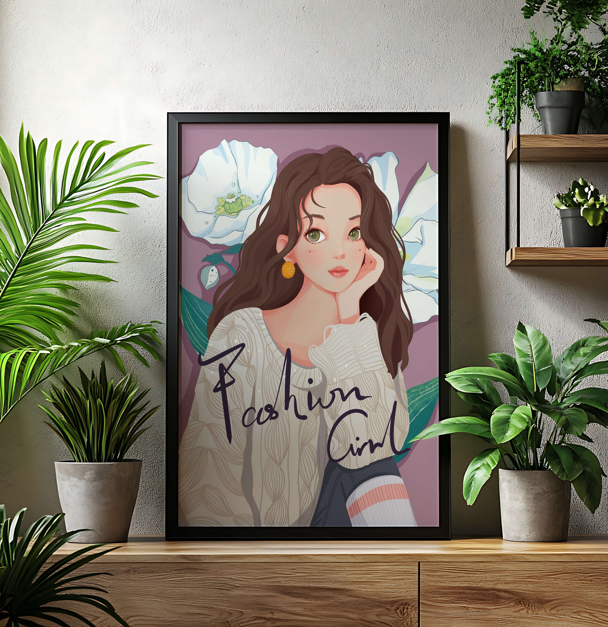 Illustrated fashion girl with floral background and purple theme