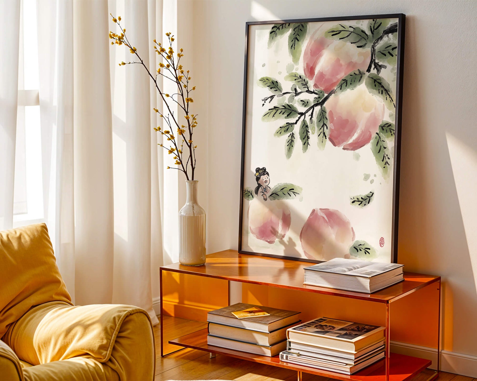 Encantadora ilustración de una chica entre flores de melocotón y hojas verdes