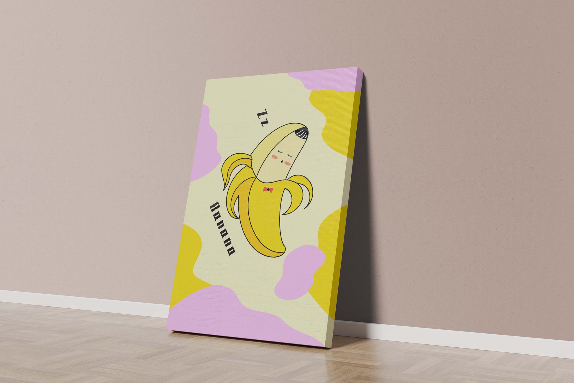 Playful illustration of a sleeping banana with colorful abstract background