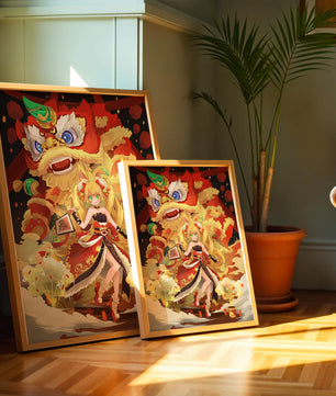 Colorful anime-inspired scene with a lion dance and festive character