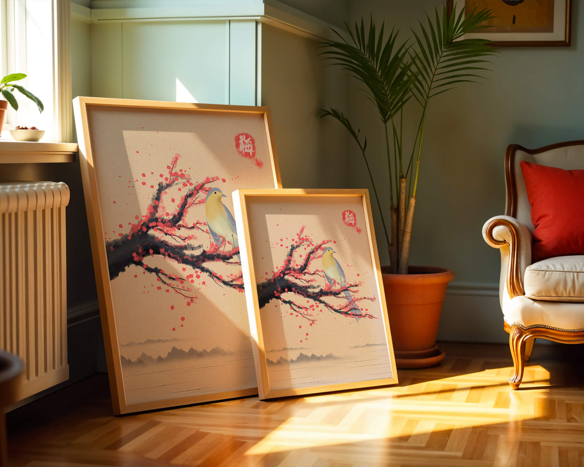Serene bird on cherry blossom branch in traditional Asian art style