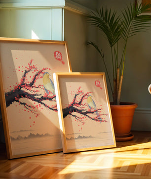 Oiseau serein sur une branche de cerisier dans le style artistique asiatique traditionnel