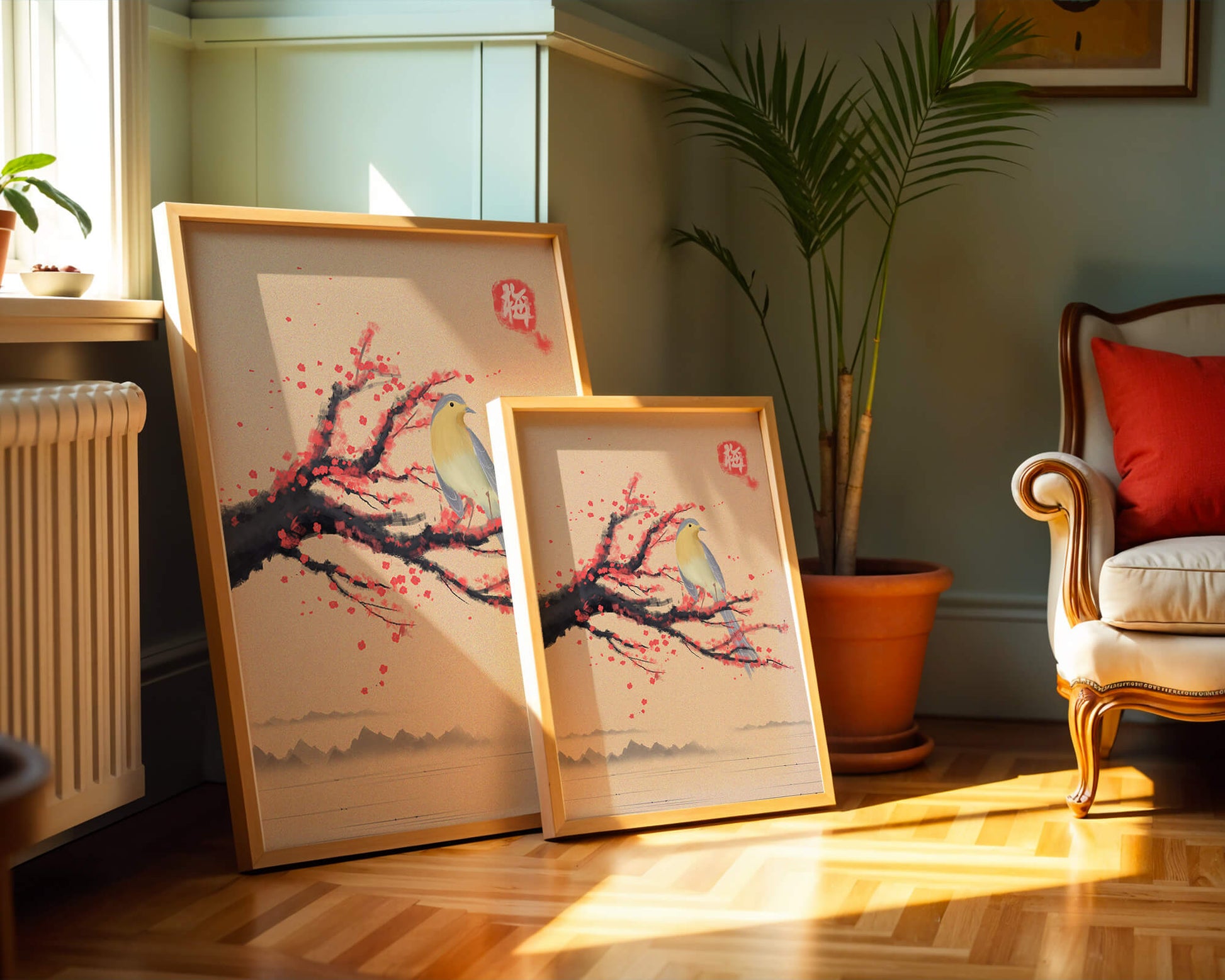 Serene bird on cherry blossom branch in traditional Asian art style