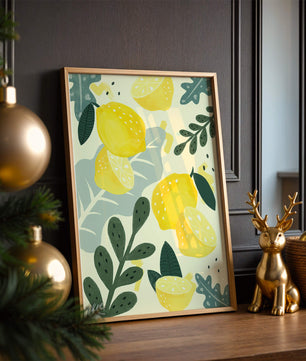 Composición ilustrativa de limones y hojas con colores vibrantes