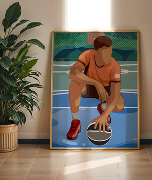 Ilustración de un jugador de baloncesto en la cancha en una pose dinámica