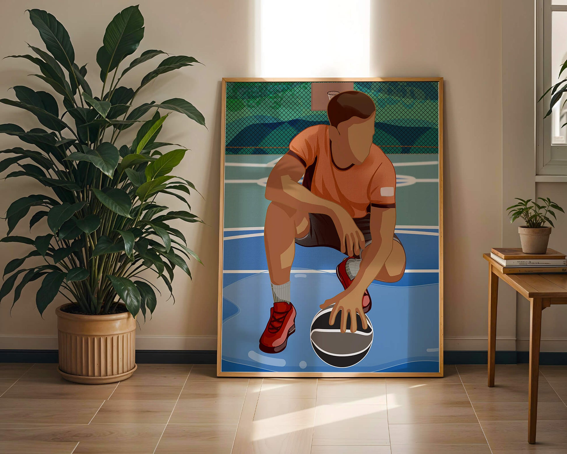 Illustration of a basketball player on a court in a dynamic pose