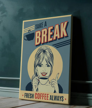 Retro Coffee Break Poster with Woman Holding a Cup - Mi tienda