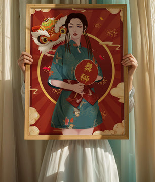 Elegant woman in traditional attire with lion dance mask in vibrant background