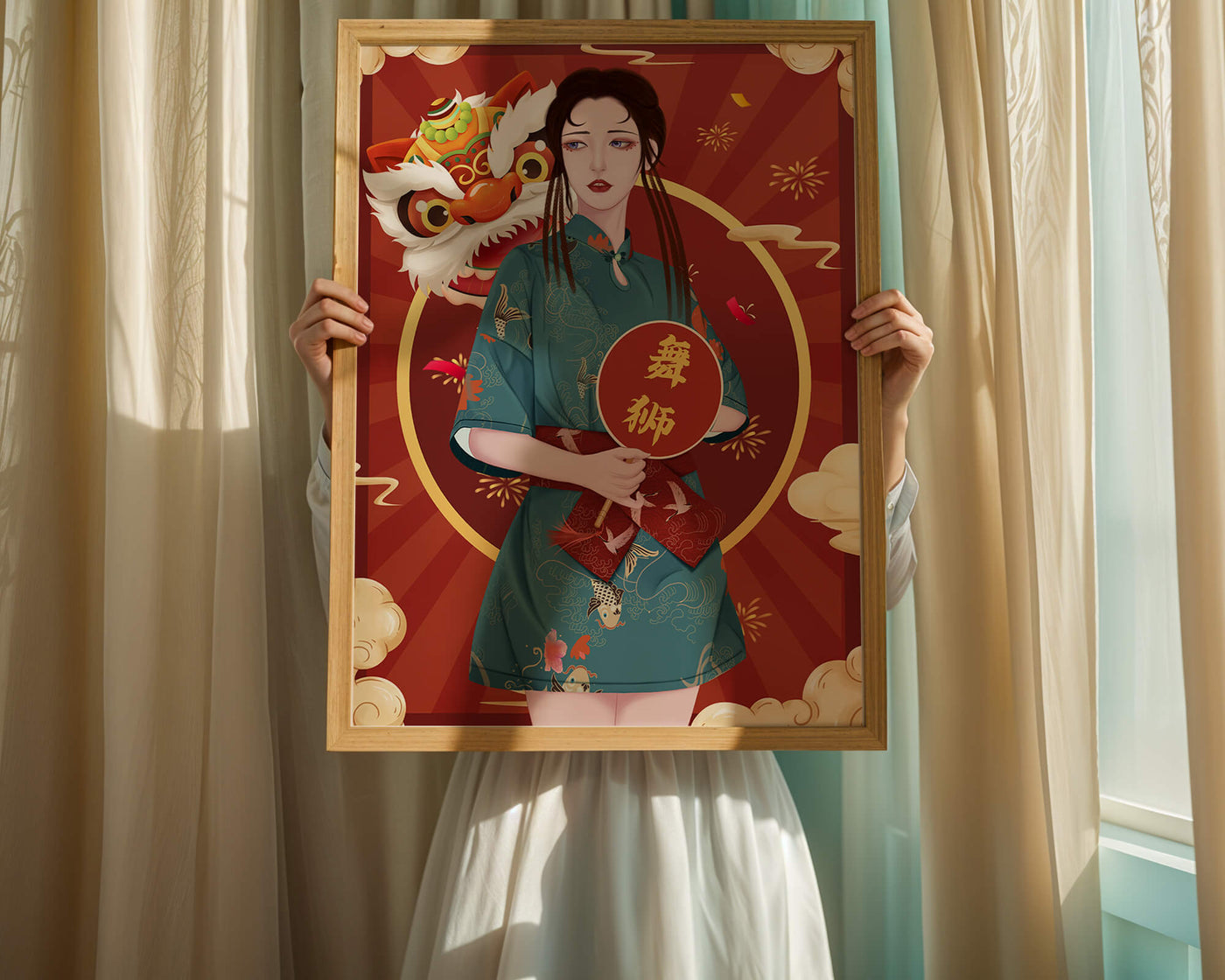 Elegant woman in traditional attire with lion dance mask in vibrant background