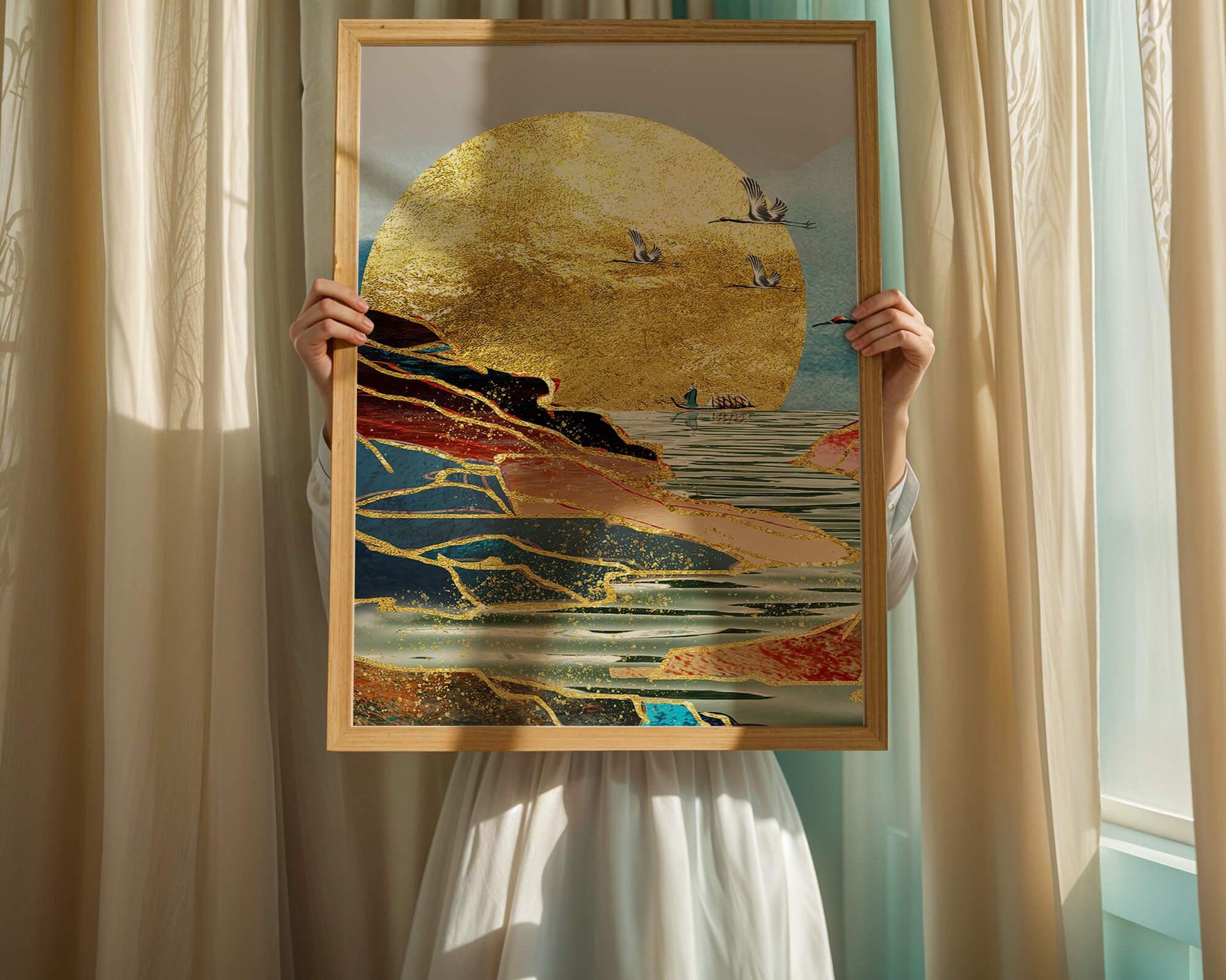 Majestic Golden Sun with Birds over Serene Landscape