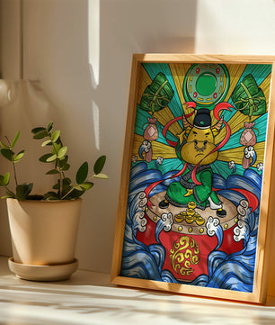 Colorful illustration of a mythical creature with traditional elements and vibrant colors