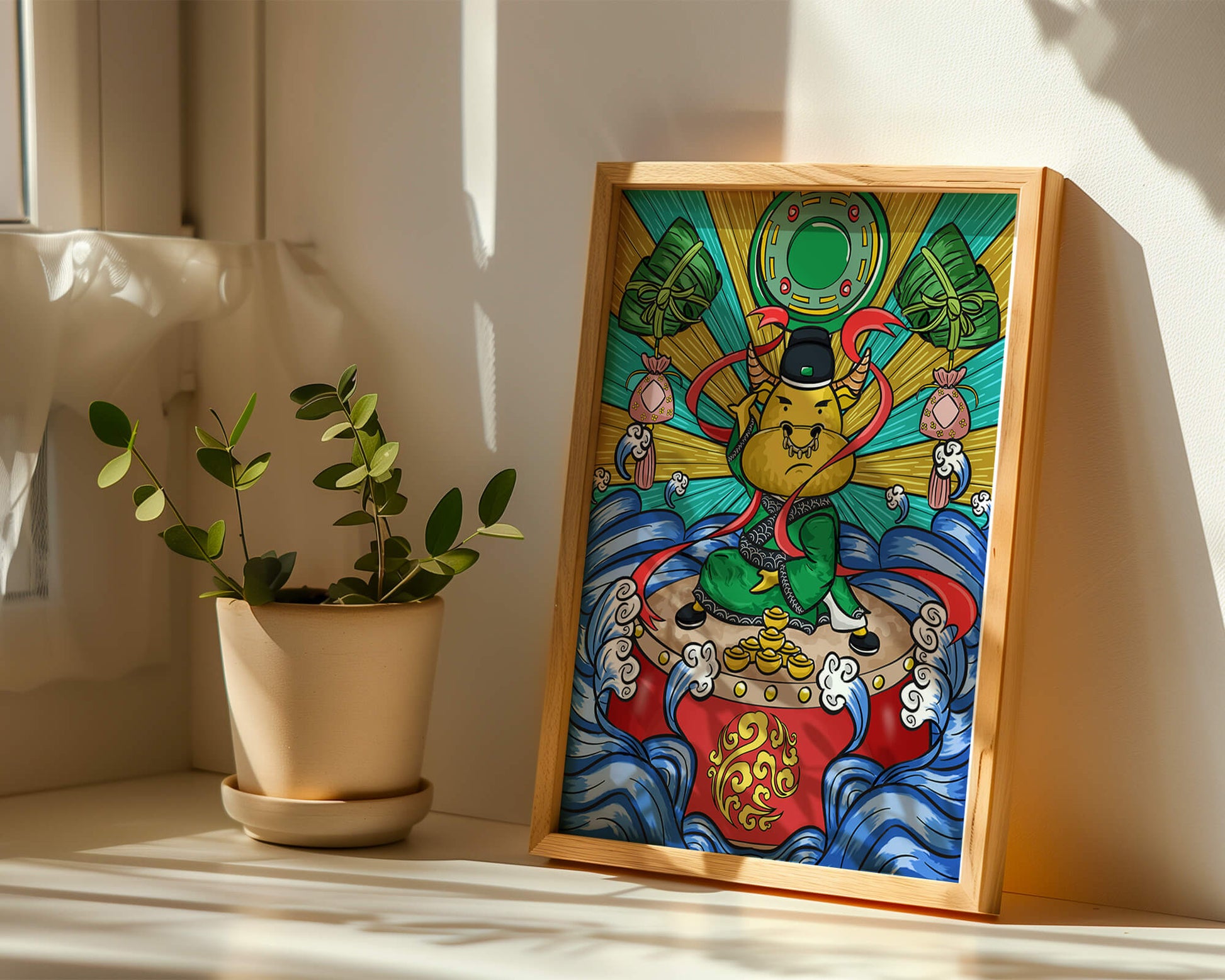 Colorful illustration of a mythical creature with traditional elements and vibrant colors