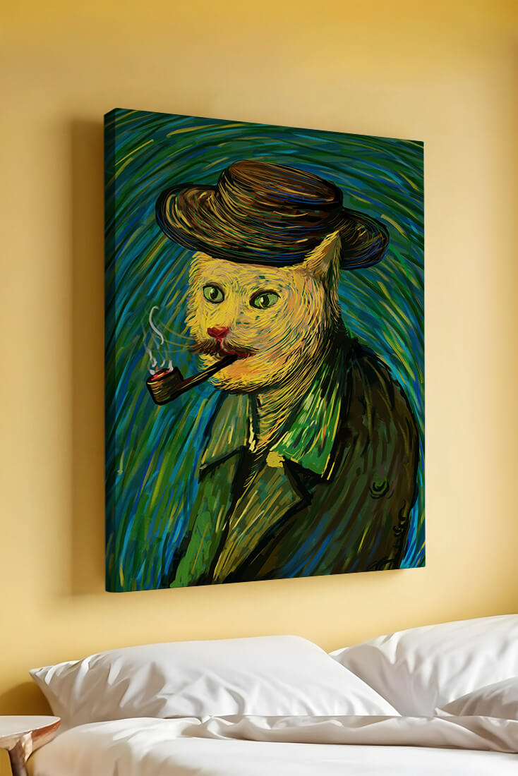 Gato caprichoso fumando una pipa en un estilo pictórico vibrante