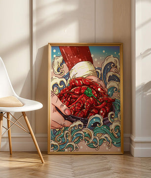 Colorful Cartoon Illustration of Hand Holding Crawfish Over Decorative Waves