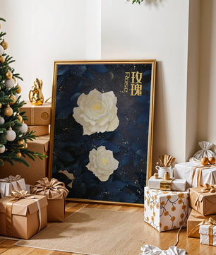 Elegant white roses on a celestial night background with deep blue leaves