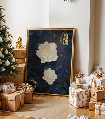 Elegant white roses on a celestial night background with deep blue leaves