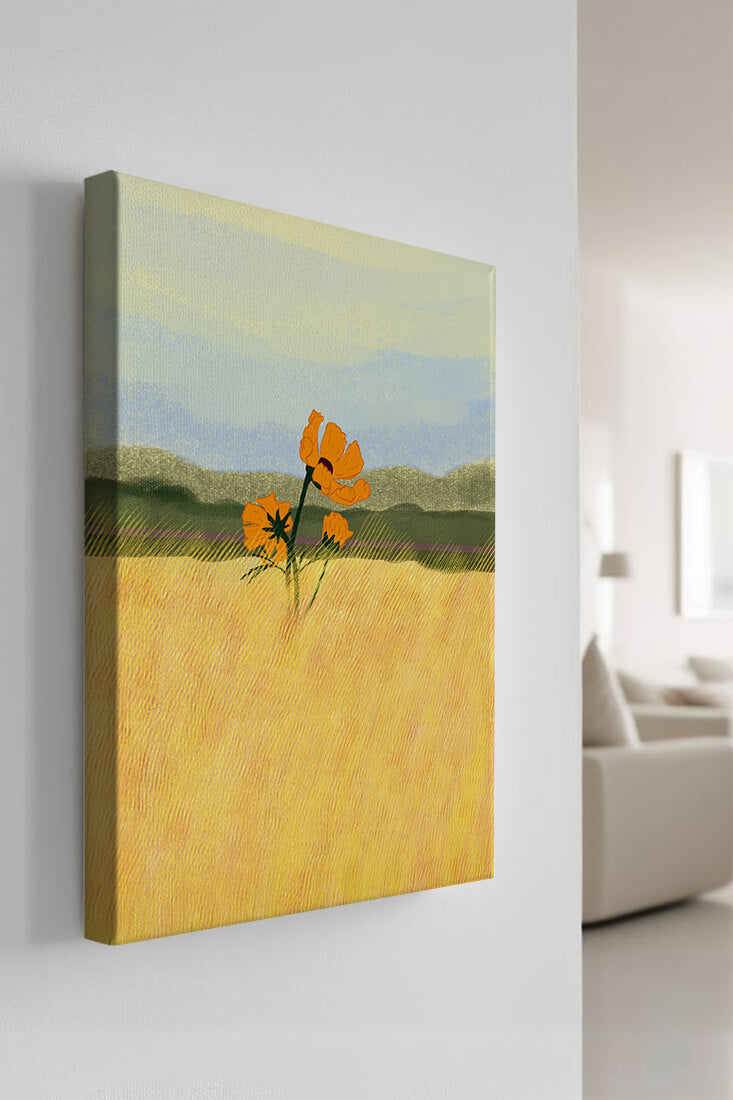 Orange Flowers in a Golden Field with Mountains and Blue Sky