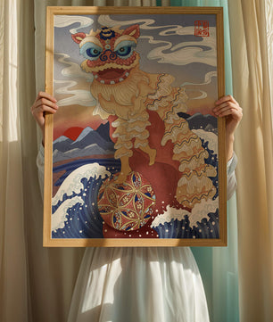 Traditionelle chinesische Löwentanzkunst mit malerischem Hintergrund