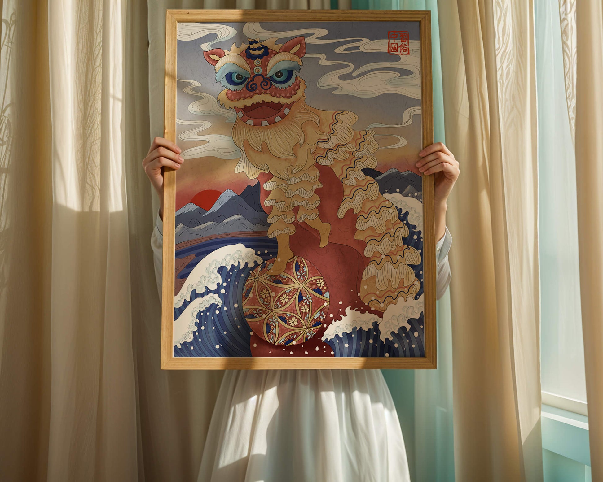 Traditionelle chinesische Löwentanzkunst mit malerischem Hintergrund
