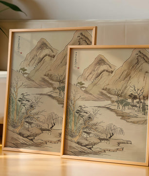Paisaje sereno con montañas y río en estilo tradicional