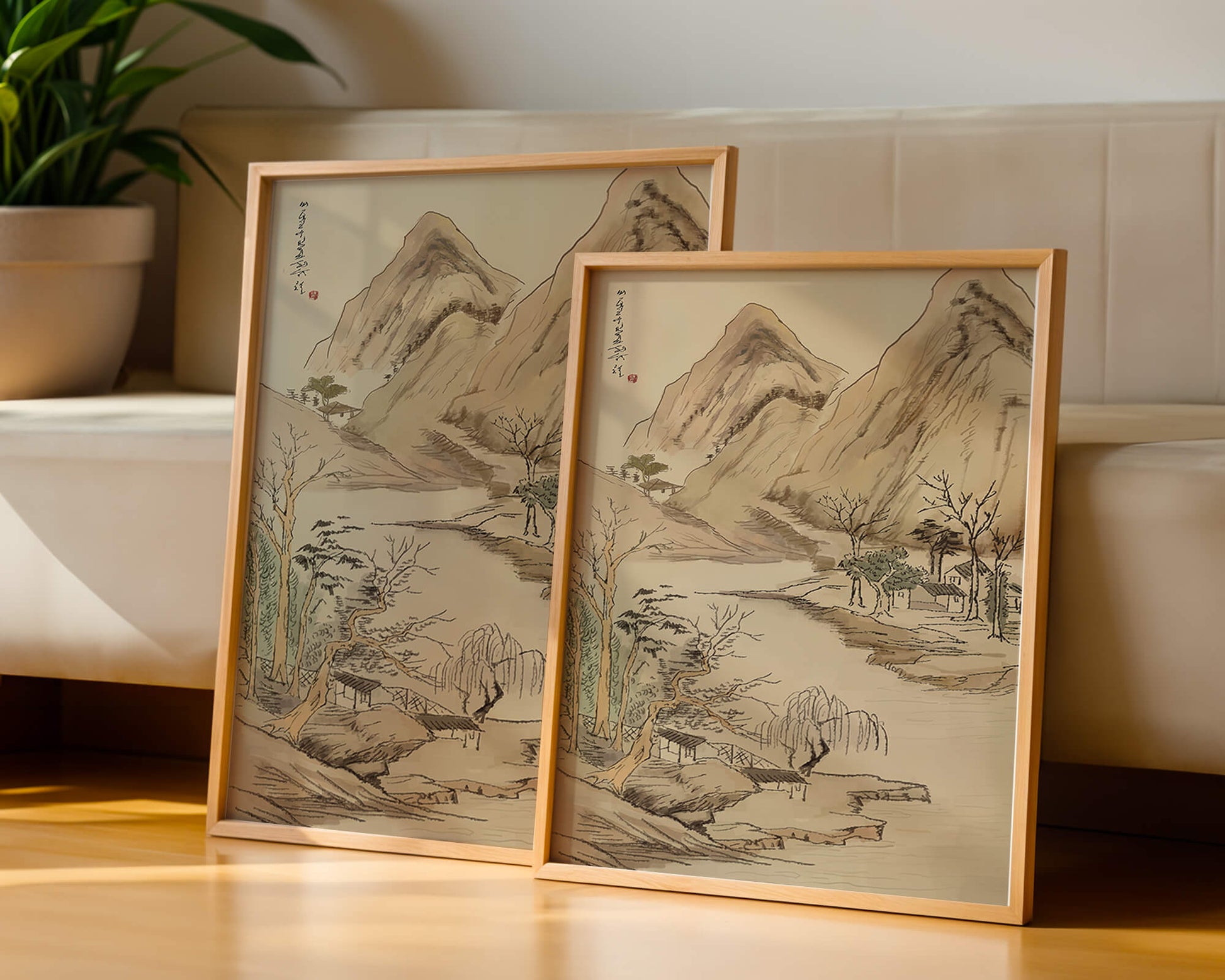 Paisaje sereno con montañas y río en estilo tradicional