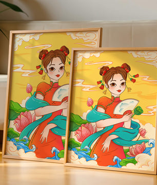 Ilustración oriental que presenta a una chica con atuendo tradicional, un abanico y flores de loto
