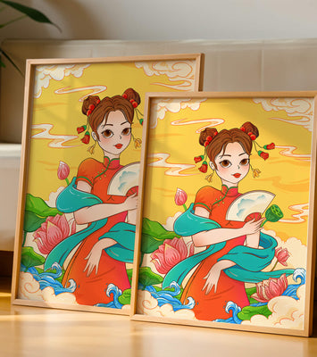 Oriental illustration featuring a girl in traditional attire with a fan and lotus flowers