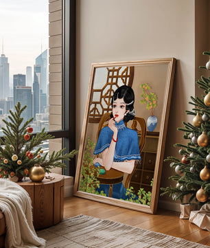 Elegant Woman in Traditional Chinese Setting with Blue Cape and Intricate Decor