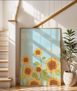 Sunflowers Under Blue Sky with Floating Clouds