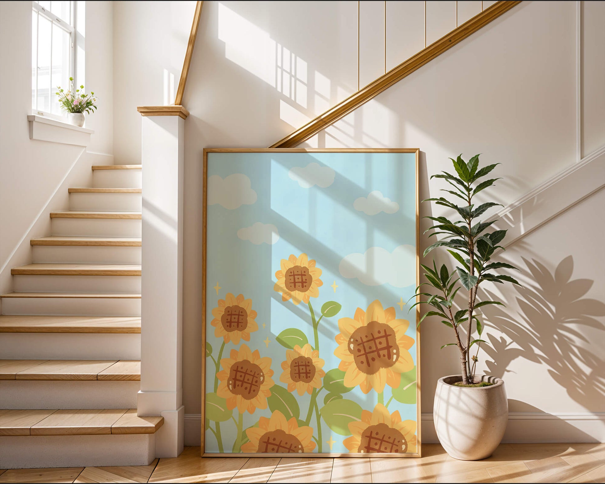 Sunflowers Under Blue Sky with Floating Clouds