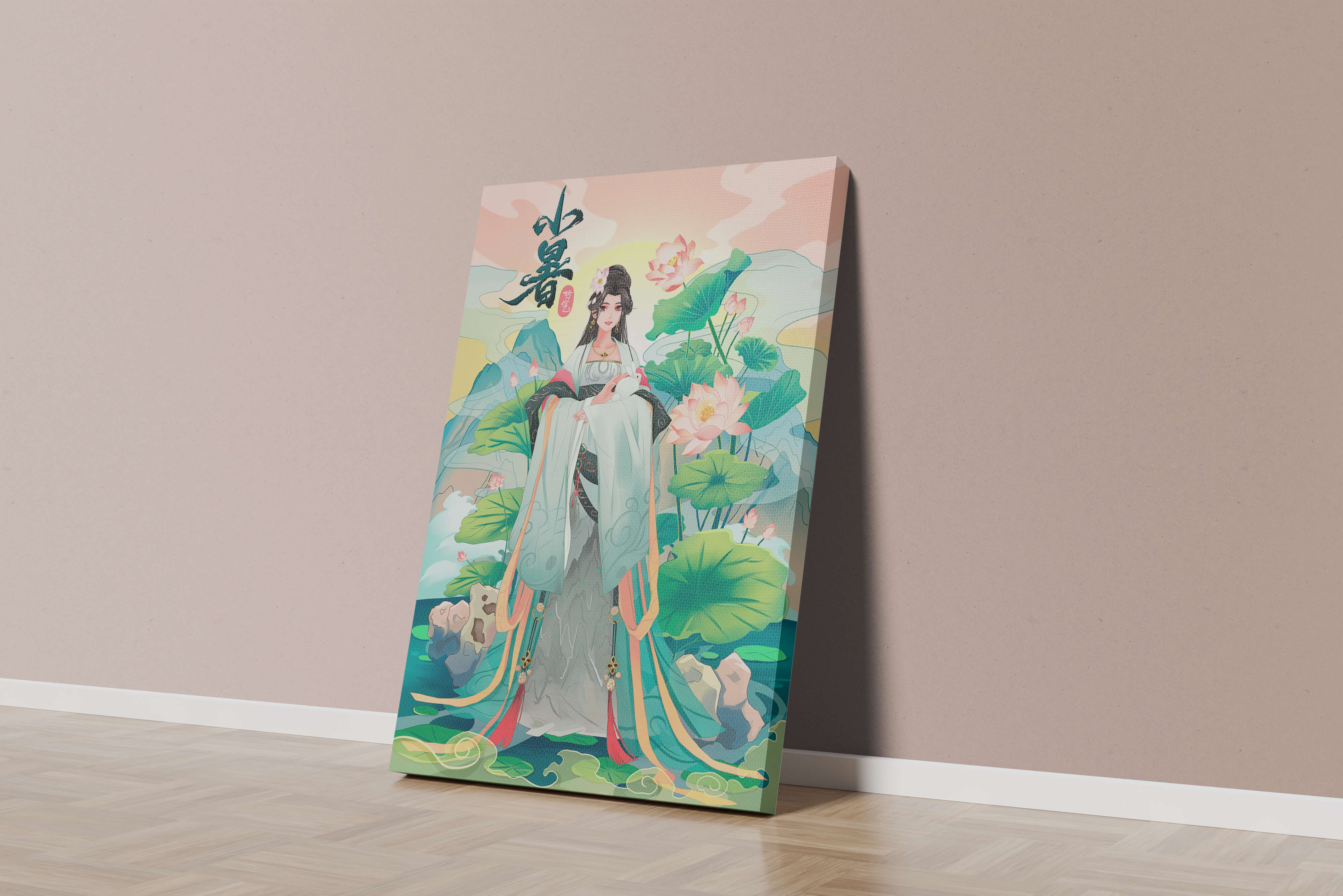 Elegant woman in traditional attire with lotus flowers and serene backdrop