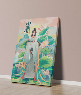 Elegant woman in traditional attire with lotus flowers and serene backdrop