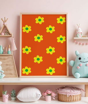 Buntes Blumenmuster mit gelben Blumen auf orangefarbenem Hintergrund