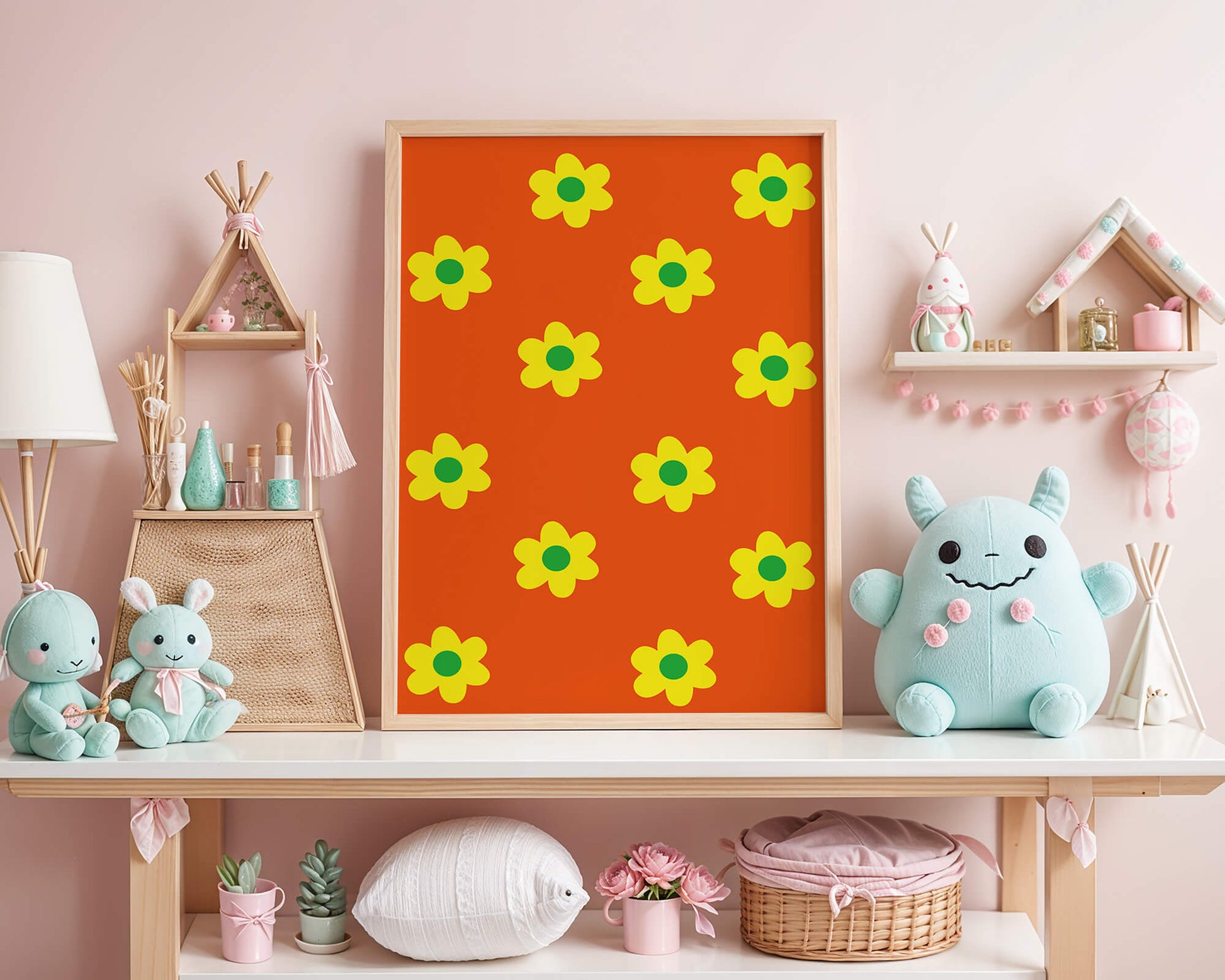 Colorful floral pattern with yellow flowers on orange background