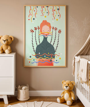 Whimsical Abstract Art of a Woman with Flowers and Streamers - Mi tienda