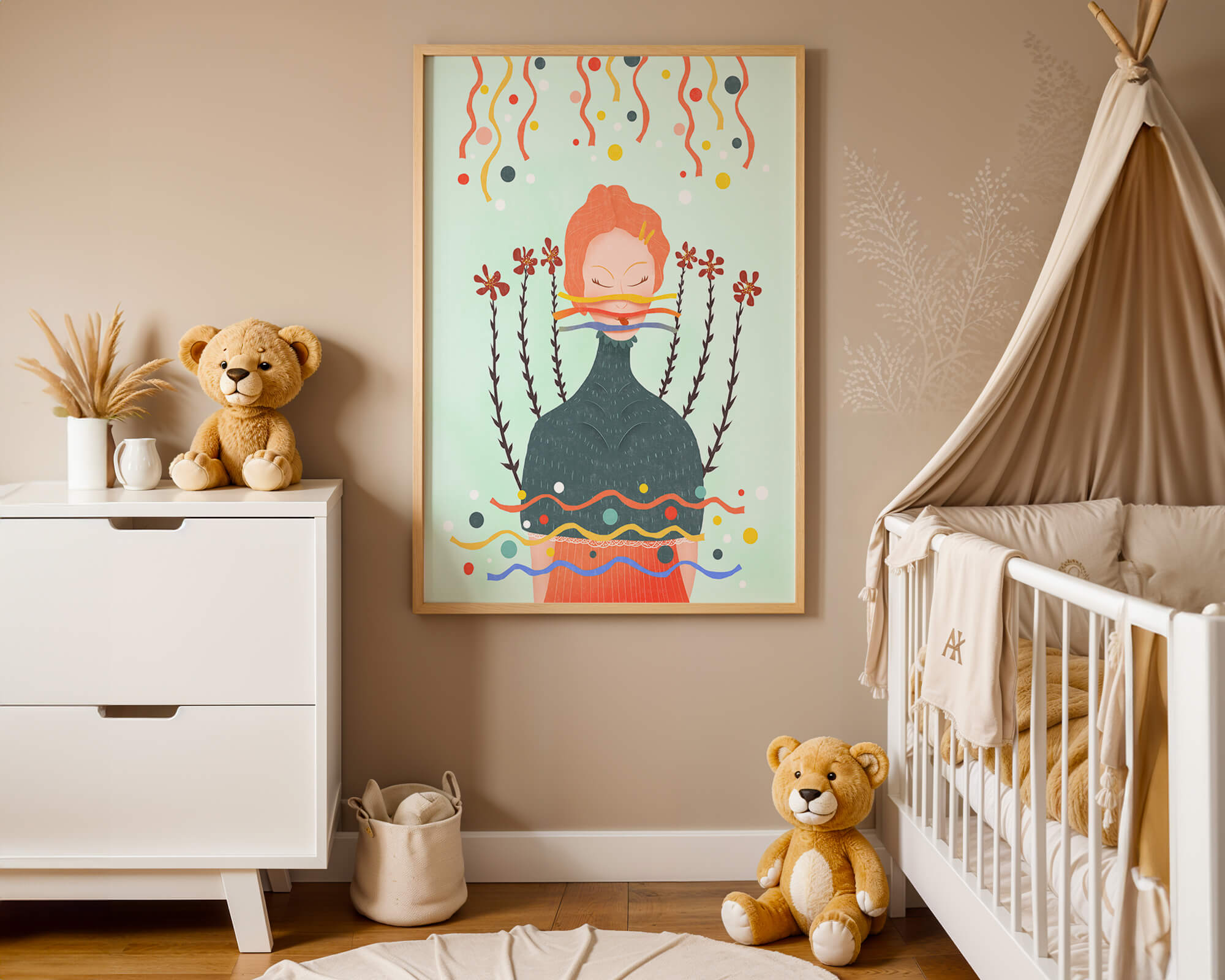 Whimsical Abstract Art of a Woman with Flowers and Streamers - Mi tienda