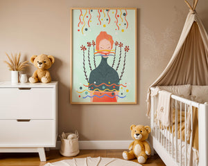 Whimsical Abstract Art of a Woman with Flowers and Streamers - Mi tienda