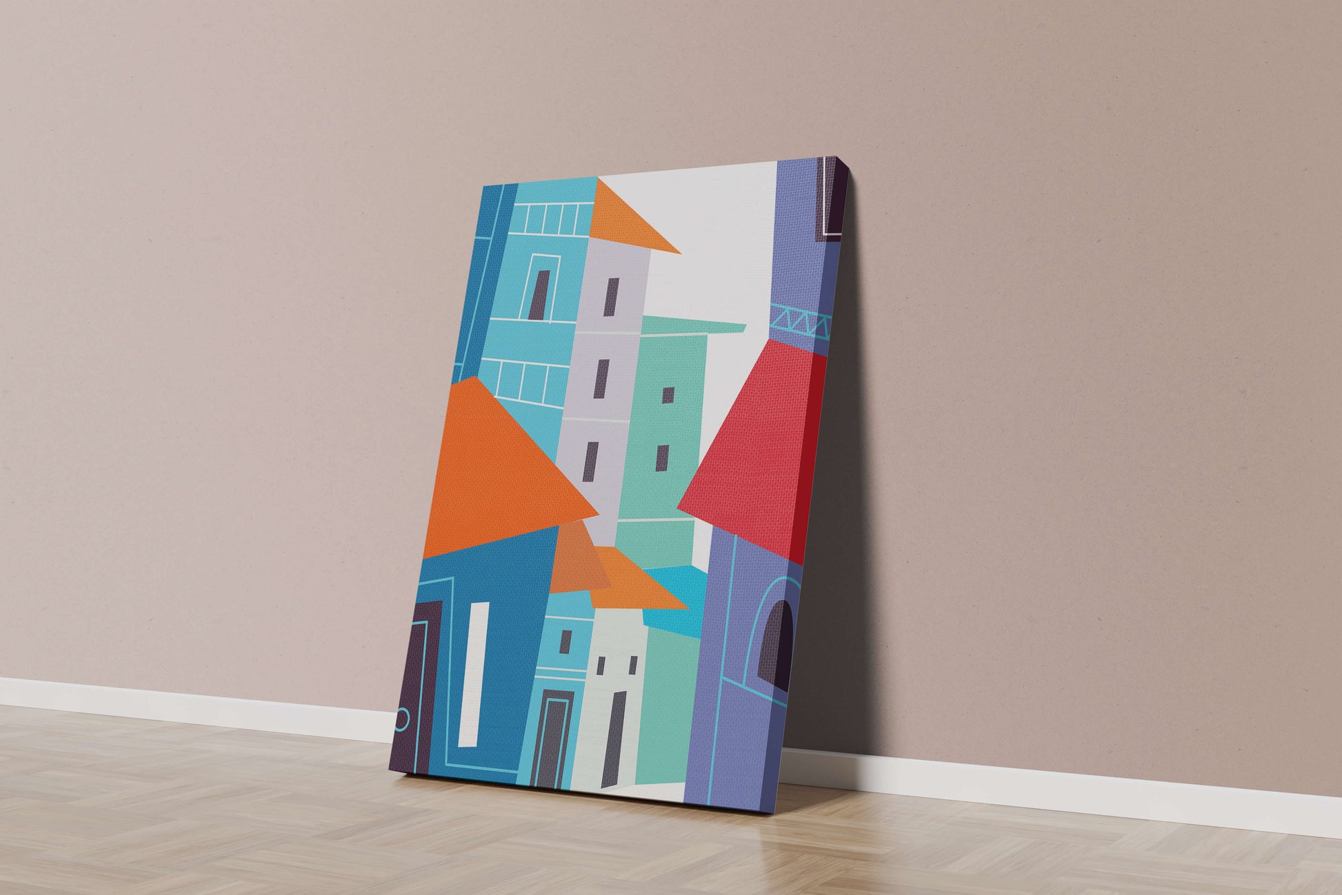 Colorful abstract cityscape with geometric buildings