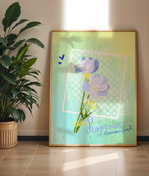 Ilustración floral delicada con colores pastel y lunares