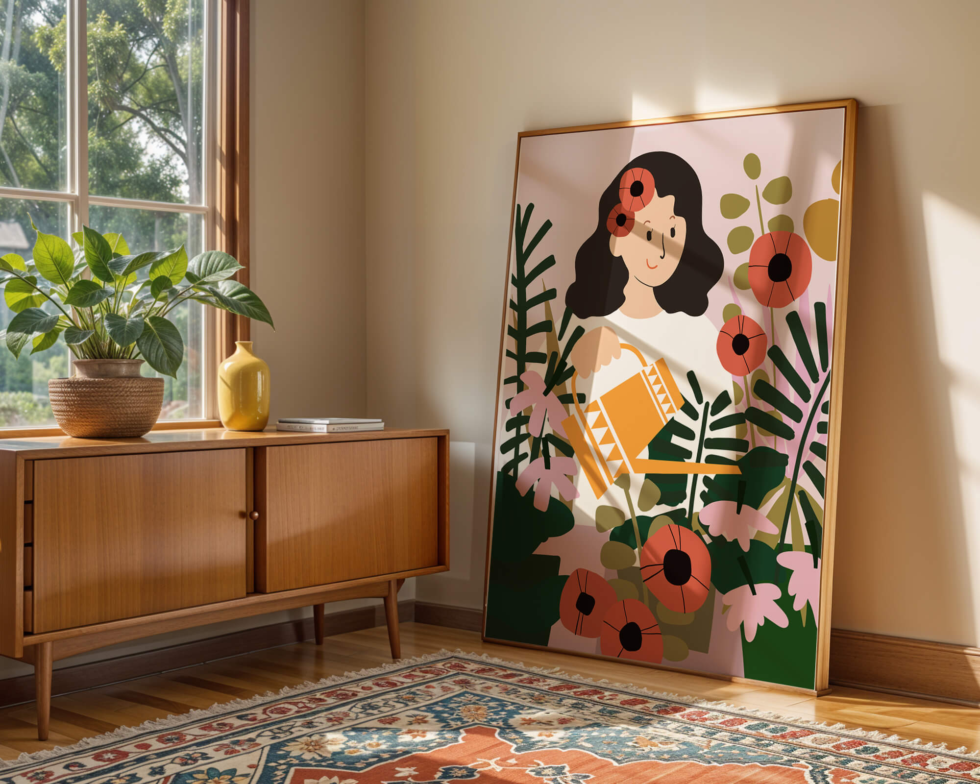 Woman watering plants surrounded by vibrant flowers and greenery