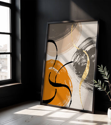 Abstract Art with Orange, Black, and Gold Brushstrokes