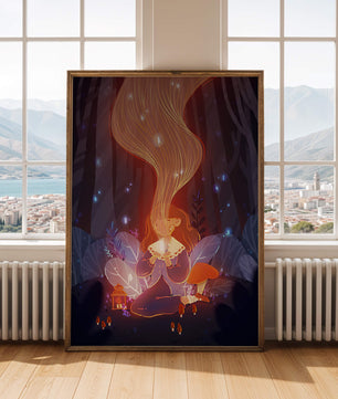 Magical forest scene with lantern and glowing hair