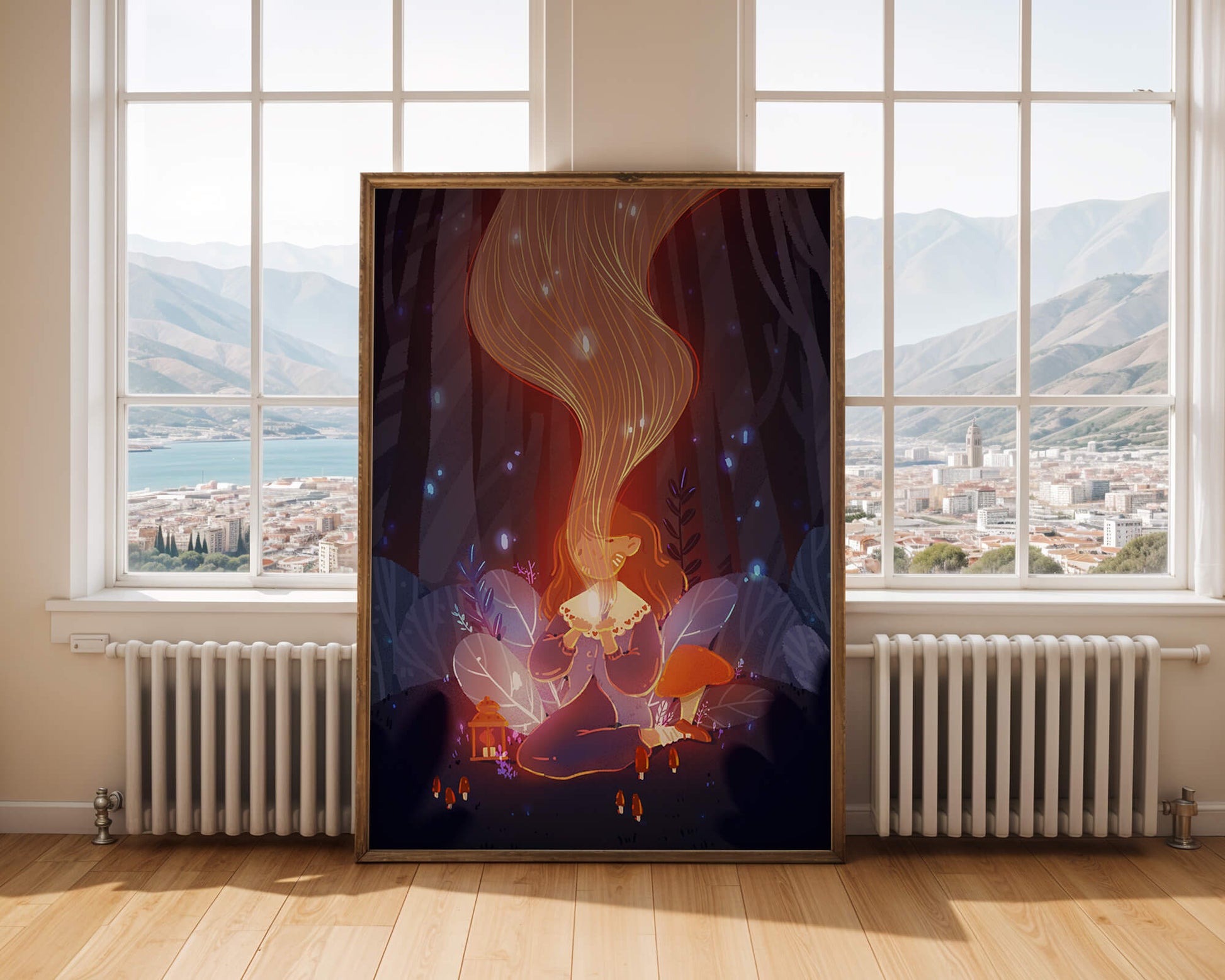 Magical forest scene with lantern and glowing hair